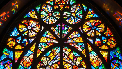 A vibrant stained glass design with intricate patterns and rich colors, resembling classic church or cathedral windows