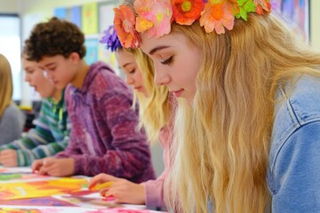 Aufkleber - Multicultural Teenage Students Collaborating on Creative Project in School Club