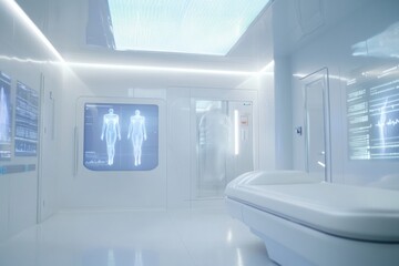 Poster - Futuristic Longevity Clinic with Diagnostic Pod and Holographic Displays in High-Tech Environment