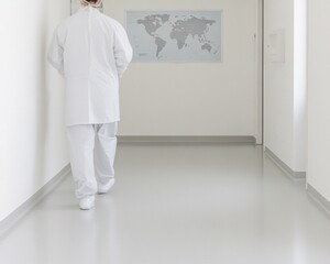 Poster - Modern Clinic with World Map, Minimalist Design, Healthcare Professional in White on Bright Corridor
