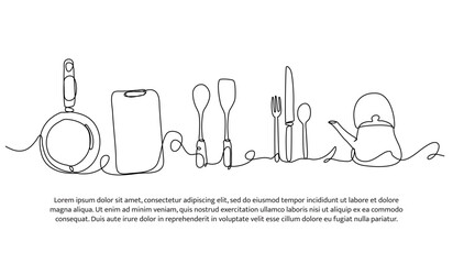 Wall Mural - Continuous line design of cooking equipment. Single line decorative element drawn on white.