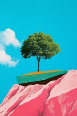 Poster - Minimalist Surrealist Tree Growing from Microchip on Vibrant Pink Rock Against Blue Sky