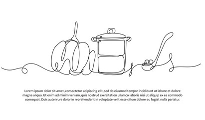 Wall Mural - Continuous line design of cooking equipment. Single line decorative element drawn on white.