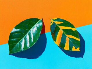 Poster - Minimalist Art Bright Concept with Two Autumn Leaves and Lip-Shaped Negative Space