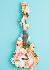 Aufkleber - Creative Minimalist Flower Arrangement Forming a Guitar on Blue Background