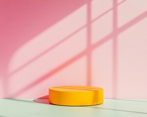 Aufkleber - Vibrant Minimalist Mockup with Round Matte Orange Podium on Pink and Yellow Background