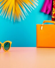 Aufkleber - Vibrant Pink and Yellow Tabletop for Product Display with Fashion Accessories in Blurred Background
