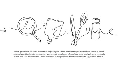 Wall Mural - Continuous line design of kitchen appliances. Single line decorative element drawn on white.