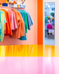 Poster - Vibrant Pink and Yellow Blank Product Display Table with Fashion Accessories Blurred in Background