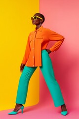 Poster - Colorful Minimalist Fashion Confident Woman in Bright Outfit Against Vivid Split Background