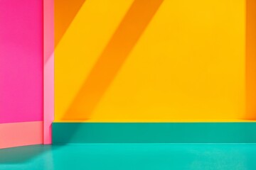 Poster - Vibrant Yellow and Pink Split Wall with Turquoise Floor and Fashionable Accessory Shadows in Modern Minimalist Setting