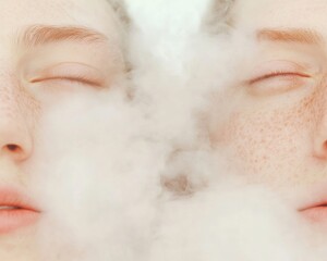 Poster - Soft Focus Portrait of Two Freckled Individuals Partially Obscured by Smoke – Dreamy and Ethereal Aesthetic
