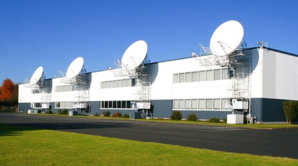 A modern building with satellite dishes for communication purposes.