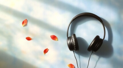 Poster - Minimalist Headphones with Flowing Petals on Sky-Colored Background Capturing Melody