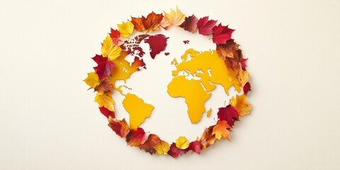 Aufkleber - Minimalist Globe Shaped by Autumn Leaves on White Background - Creative Seasonal Conceptual Art