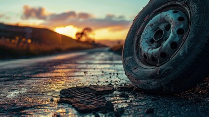 Sticker - Sunlit Road with Abandoned Tire at Sunset