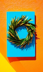 Poster - Minimalist Christmas Wreath Notebook on Bold Orange Background – Vivid Holiday Business Concept