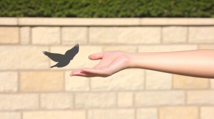 Poster - Minimalist of Outstretched Hand Casting Bird Shadow Against Stone Wall