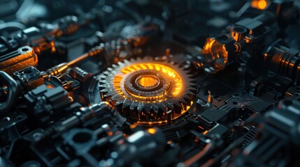 Poster - Gleaming Gear with Orange Glow in Mechanism