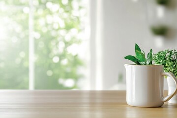 Aufkleber - Minimalist White Ceramic Table Surface in Sunlit Kitchen with Fresh Greenery and Soft Bokeh Effect