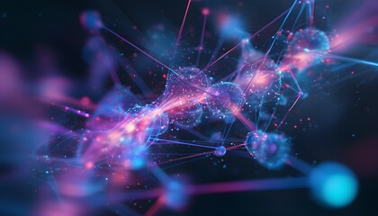 dynamic motion graphic featuring an interconnected web of glowing purple and blue particles with focal blur on a light background