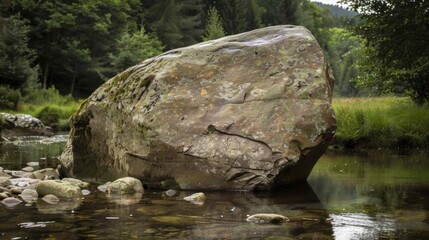 Wall Mural - Large Boulder in Calm River Surrounded by Nature