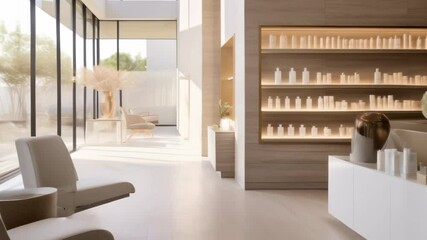 Aufkleber - Sunlight streaming through large windows illuminating a modern and minimalist beauty salon interior with product display shelves, waiting area, and neutral colors