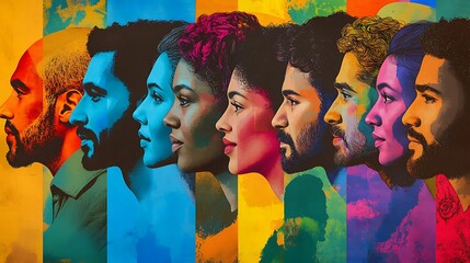 Poster - Seven diverse individuals in profile, colorful and bold, represent unity and diversity.