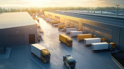 Poster - Busy logistics hub with trucks loading and unloading goods, showcasing a streamlined supply chain in action