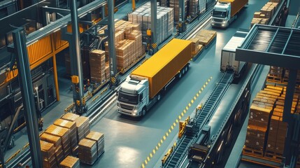 Poster - Busy logistics hub with trucks loading and unloading goods, showcasing a streamlined supply chain in action