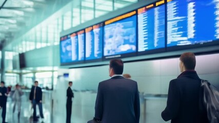 Poster - Two businessmen are walking through a busy airport terminal, checking the flight information boards to find their departure gate