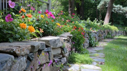 Sticker - Colorful Flower Garden with Stone Wall Landscape