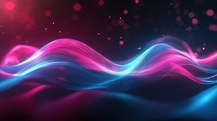 Data transfer, neon pink and blue wave lines flow rapidly across a dark futuristic background