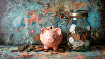 Piggy Bank and Jar of Coins on Vintage Map Background