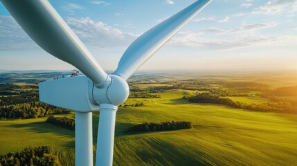 Close-up of a wind turbine with a background of a clear blue sky and rolling green landscape, showcasing renewable energy production