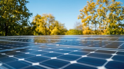 close-up of solar panels on a rooftop with a background of clear blue sky and green trees, showcasin