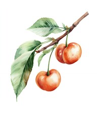 Wall Mural - Two ripe cherries hang from a branch with lush green leaves. Watercolor illustration of fresh summer fruit.