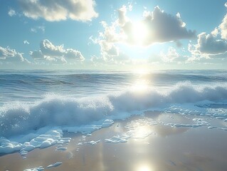 Wall Mural - Stunning Beach Landscape with Crystal Clear Ocean Waves and Golden Sunlight