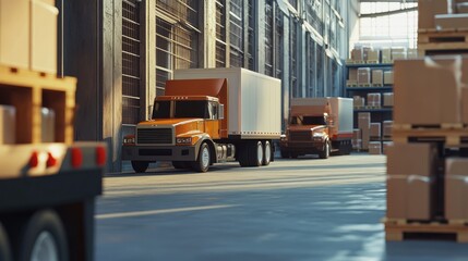 Poster - Delivery trucks arriving at a distribution center with packages being unloaded and organized for delivery