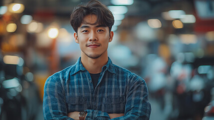 Poster - a man with a blue shirt and a watch is standing in a room