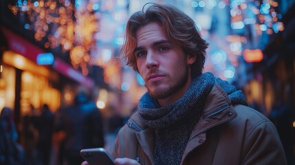 Poster - A man is standing in the street with a cell phone in his hand