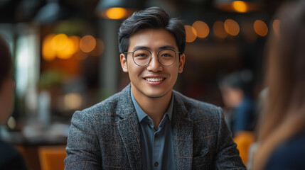Poster - a man wearing glasses and a gray jacket is smiling at the camera