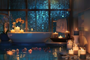 Spa Bathroom. Modern Bathroom Setting with Aromatherapy Candles for Relaxing Evening Bathtime