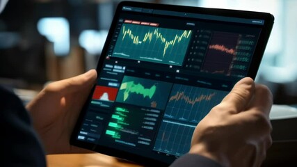 Poster - Businessman is holding a tablet and analyzing stock market data, illustrated by charts and graphs on the screen. The image evokes the concepts of finance, investment, and technology