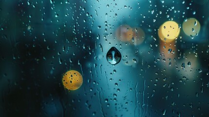 Wall Mural - Raindrops on Window with Blurred City Lights