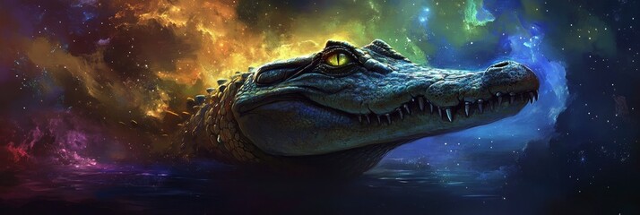 Wall Mural - fantasy galaxy art of a crawling alligator