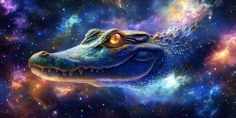 Wall Mural - fantasy galaxy art of a crawling alligator