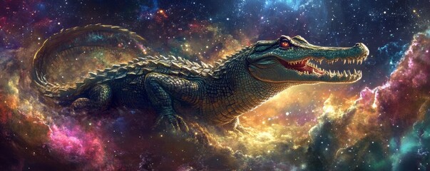 Wall Mural - fantasy galaxy art of a crawling alligator
