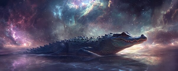 Wall Mural - fantasy galaxy art of a crawling alligator