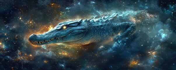Wall Mural - fantasy galaxy art of a crawling alligator
